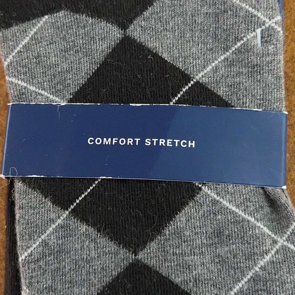 Cole Haan Mens 7-12 Black Grey Argyle Comfort Stretch Dress Crew Socks NWT